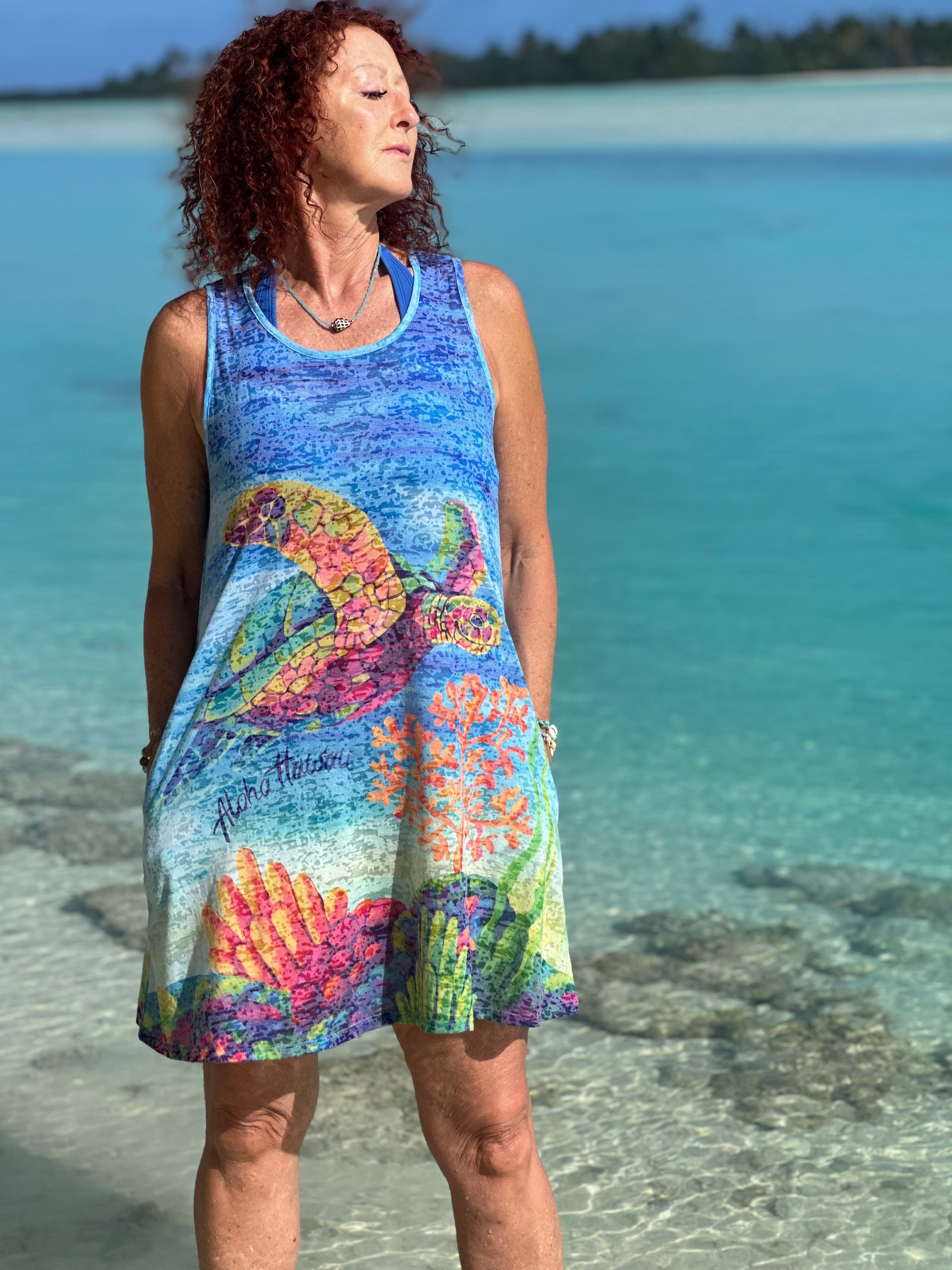 Kai Wahine Designs Burnout Tank Coverup - Rainbow Honu - Hawaiian